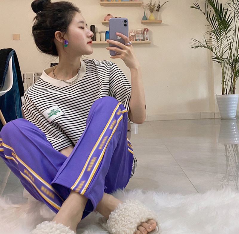 赵露思同款韩版潮ins休闲衣服紫色长裤直筒宽松织带松紧腰运动裤