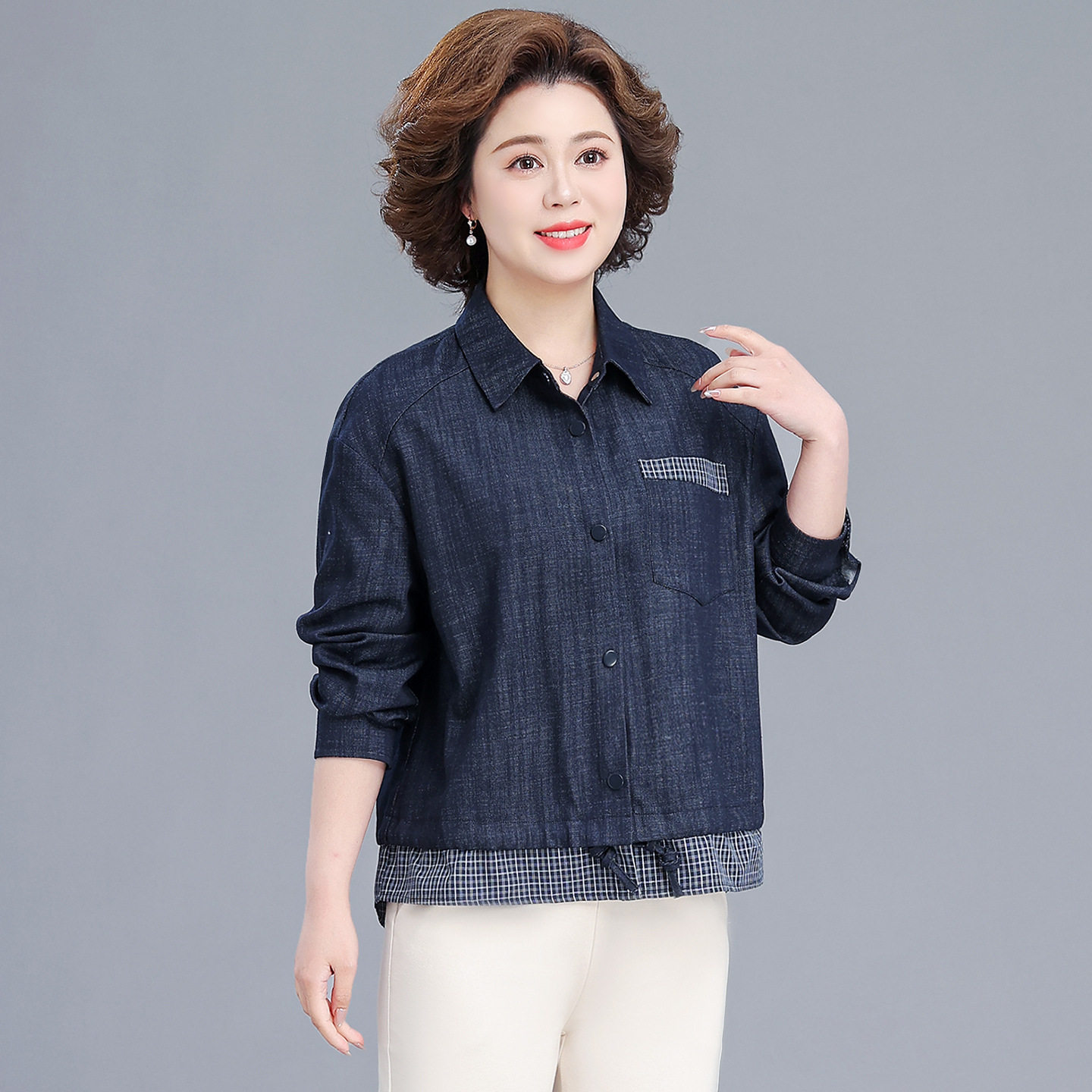 拼接格子假两件长袖衬衫外套短款女2026早春季新款设计感小众上衣