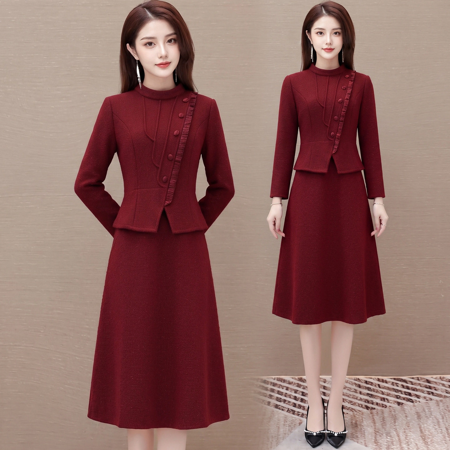 中青年女秋冬婚宴礼服2026新款中年妈妈装高贵喜婆婆假两件连衣裙