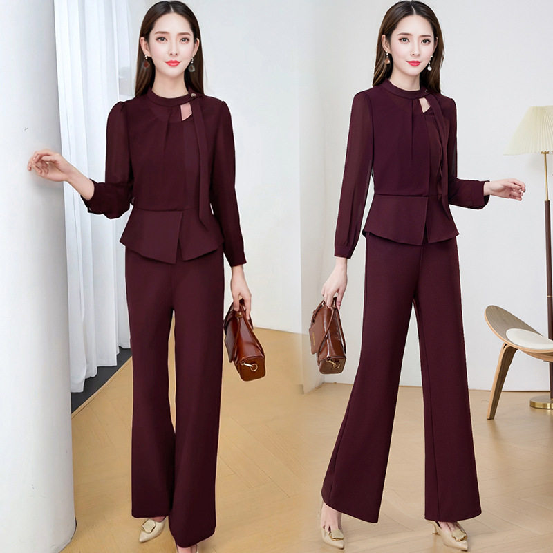 中青年女装时尚气质套装新款春秋阔太太洋气长袖上衣阔腿裤两件套