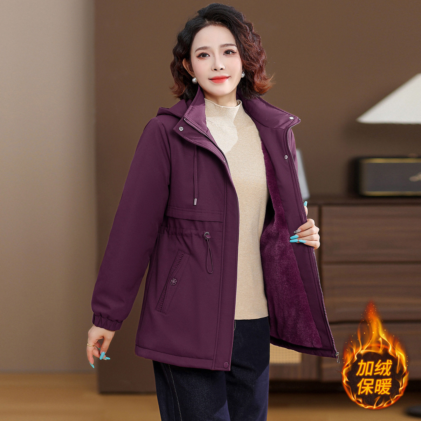时尚婆婆妈妈装秋季外套连帽风衣中长中老年大码女装春秋气质大衣