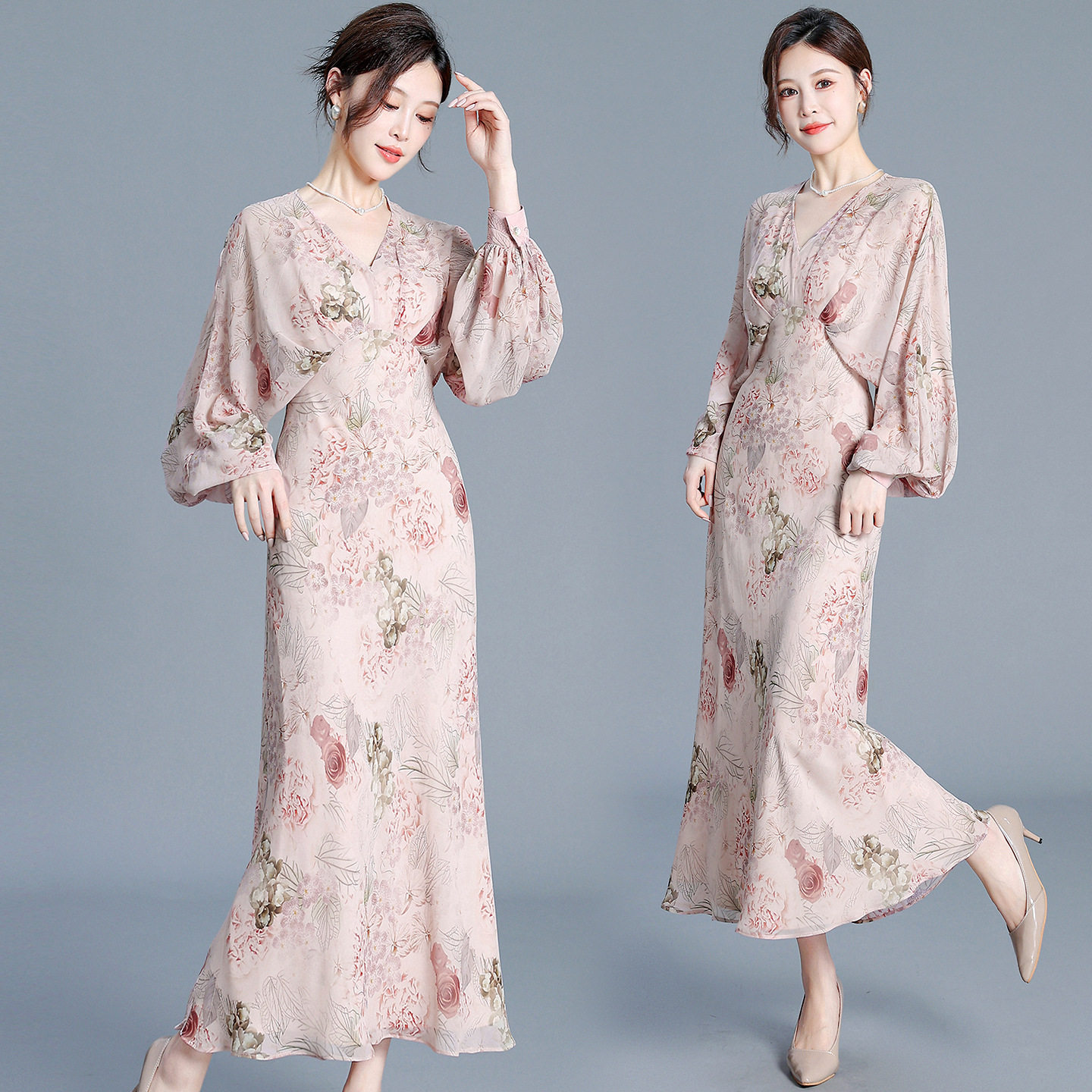 2026夏季新款雪纺新中式提花收腰显瘦灯笼袖女装长袖连衣裙过膝裙