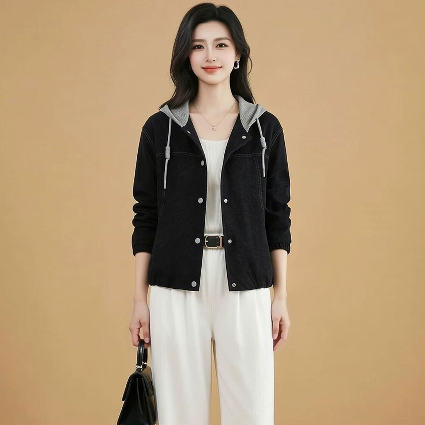 妈妈洋气外套秋装新款时尚风衣中青年女春秋短款休闲连帽夹克上衣