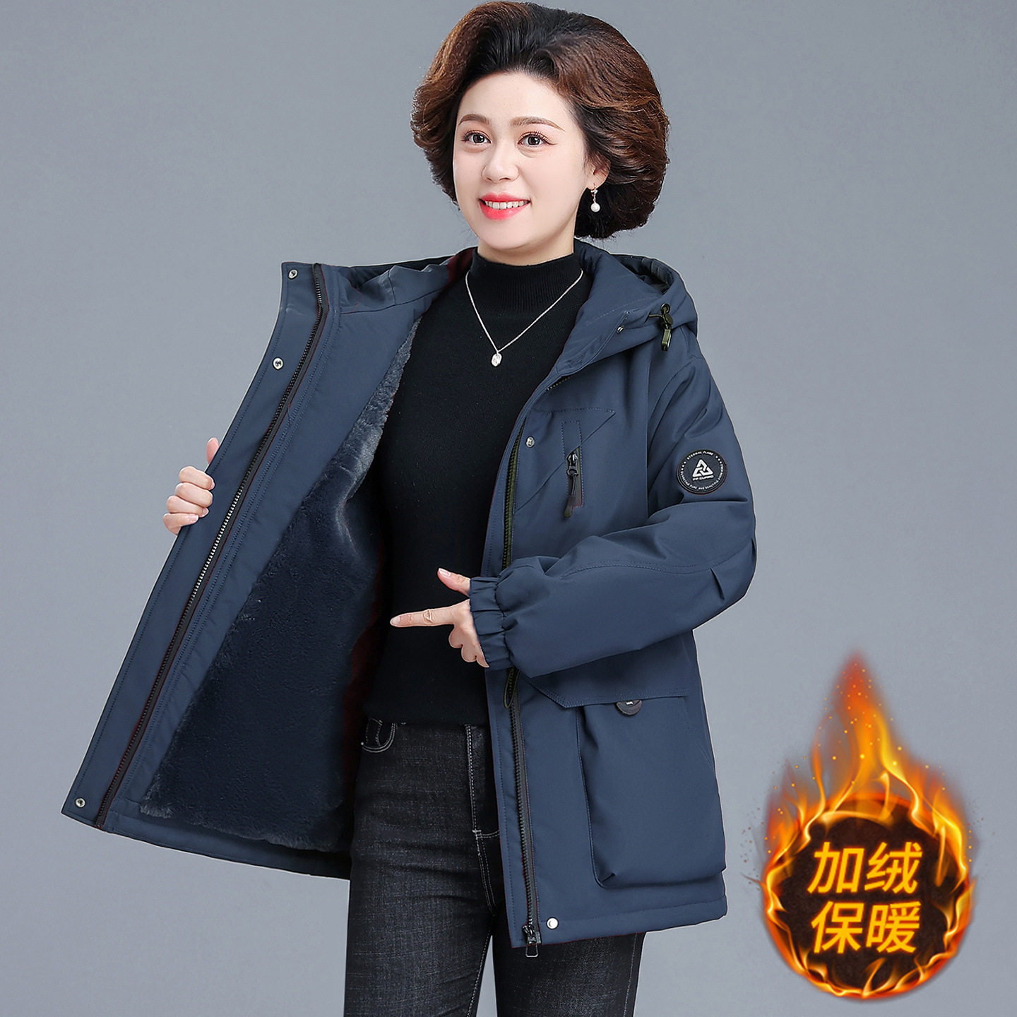 加绒派克服2026秋冬季新款中老年女装时尚加绒厚保暖大衣时尚外套