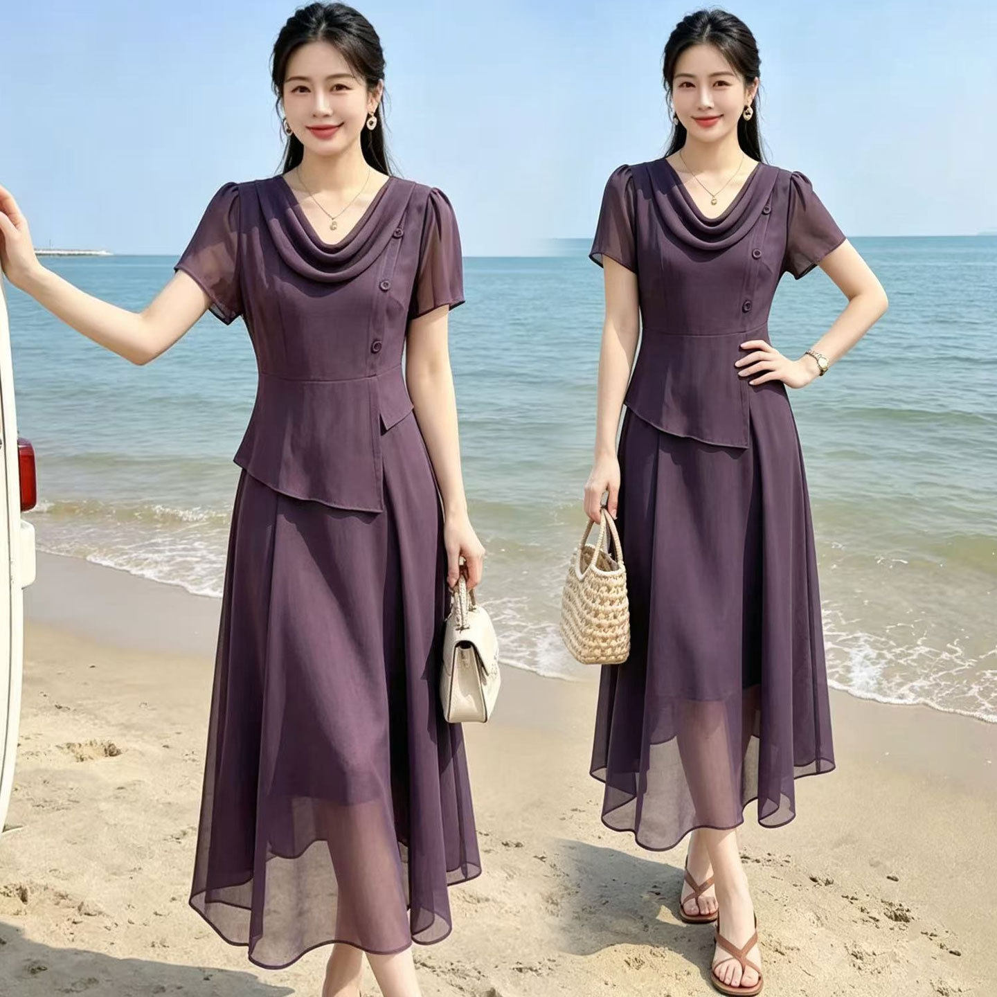 中青年女装时尚假两件短袖连衣裙夏季2026洋气中年妈妈装过膝长裙