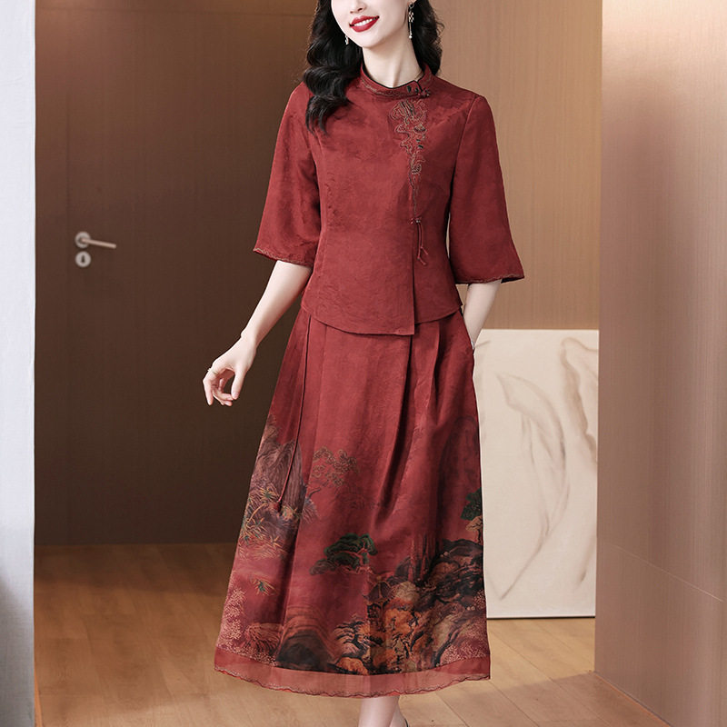 yqwl6681仿香云纱套装真丝连衣裙两件套妈妈婚宴礼服轻奢喜婆婆