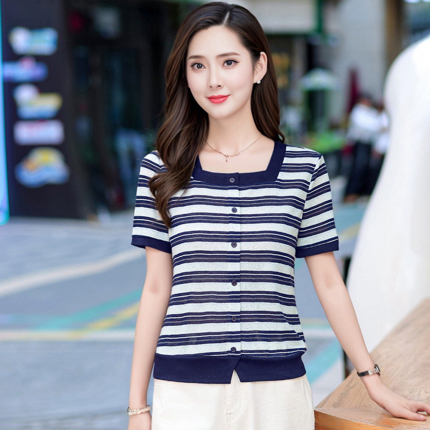 中青年女装新品条纹针织短袖t恤修身时尚打底衫2025 夏季上衣短款