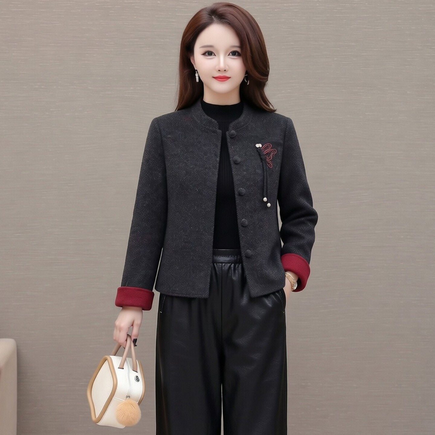 新中式妈妈毛呢外套洋气短款2026新款中青年女装春秋冬季呢子上衣