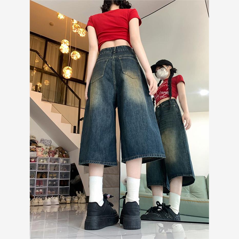 美式高街复古阔腿七分牛仔中裤女夏季高腰大码显瘦宽松直筒短裤子
