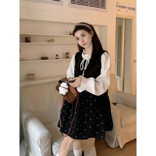 甜美波点黑色连衣裙女春秋宽松显瘦减龄气质衬衫 女 无袖 背心裙套装
