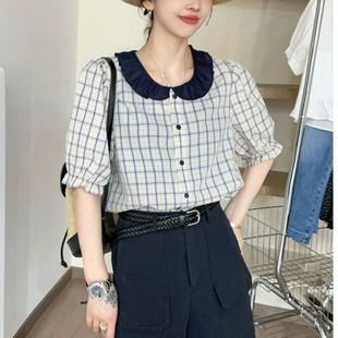 格子襯衣女2025夏新款 百搭寬松洋氣上衣潮 撞色娃娃領(lǐng)短袖 歐貨時(shí)尚