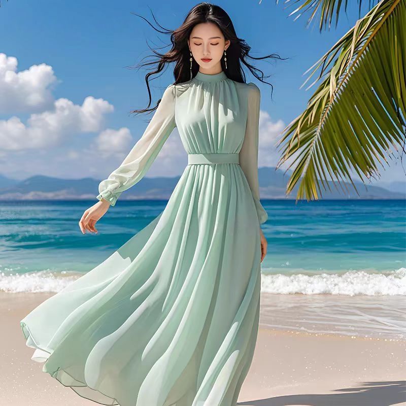 浅绿色连衣裙女夏2025新款长袖气质收腰海边度假长裙沙滩裙大摆裙