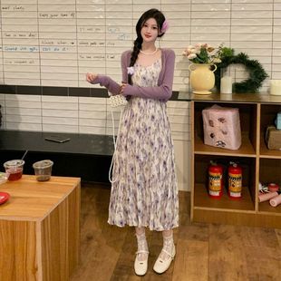 法式 大码 秋季 女装 收腰两件套 胖mm褶皱印花吊带连衣裙针织开衫