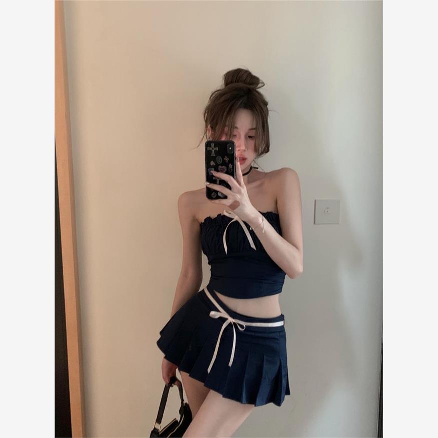 法式辣妹千金套装抹胸背心上衣女夏季百褶半身裙短裙蝴蝶结两件套