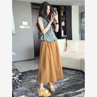 新款 2025夏季 复古港风牛仔马甲收腰上衣女搭高腰显瘦半身裙两件套