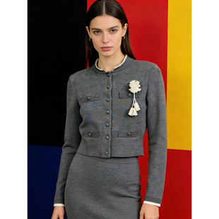 高端老钱风！设计师~针织衫女圆领长袖短款开衫毛衣外套 小众上衣