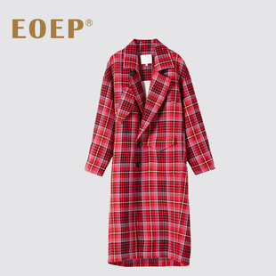 小众设计！风衣外套女中长款宽松落肩廓形长袖格子大衣红色 秋冬