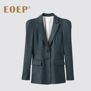 小众设计款！垫肩亚麻西装外套女修身收腰长袖气质西服上衣 春秋