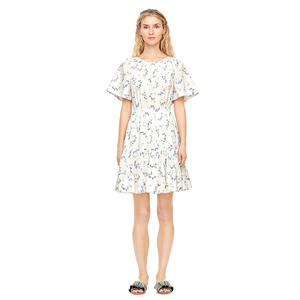 法式小众 碎花连衣裙夏收腰蓬蓬裙圆领短袖露背a字裙荷叶边淡色系