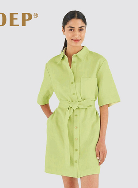 衬衫连衣裙宽松直筒系腰带收腰显瘦气质通勤OL简约纯色果绿色短袖