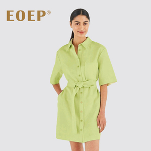 衬衫连衣裙宽松直筒系腰带收腰显瘦气质通勤OL简约纯色果绿色短袖