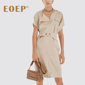 小众设计师款！工装风连衣裙夏中长款中裙短袖腰带衬衫裙简约纯色