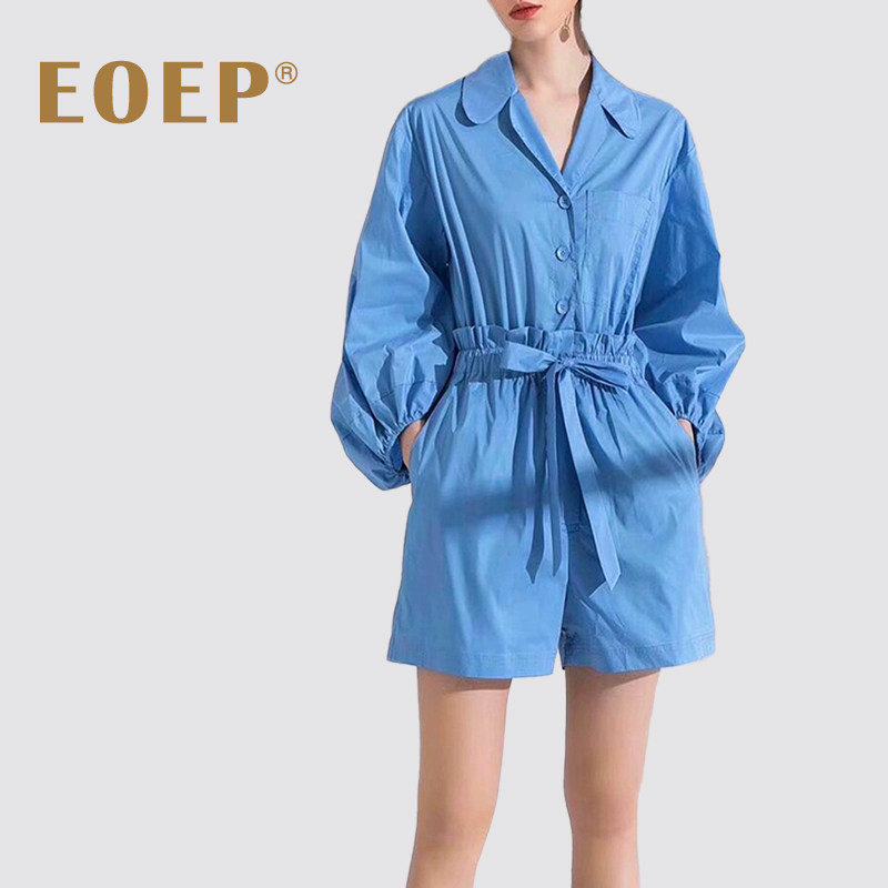 设计师款!工装风连体裤连衣短裤阔腿灯笼袖翻领夏收腰系腰带 气质