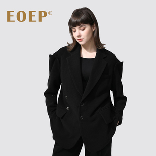 小众设计师款！黑色毛呢西装外套女宽松廓形落肩潮oversize厚春秋