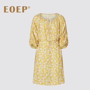 小众设计师款!老钱风!亚麻连衣裙圆领抽褶泡泡袖七分袖直筒碎花