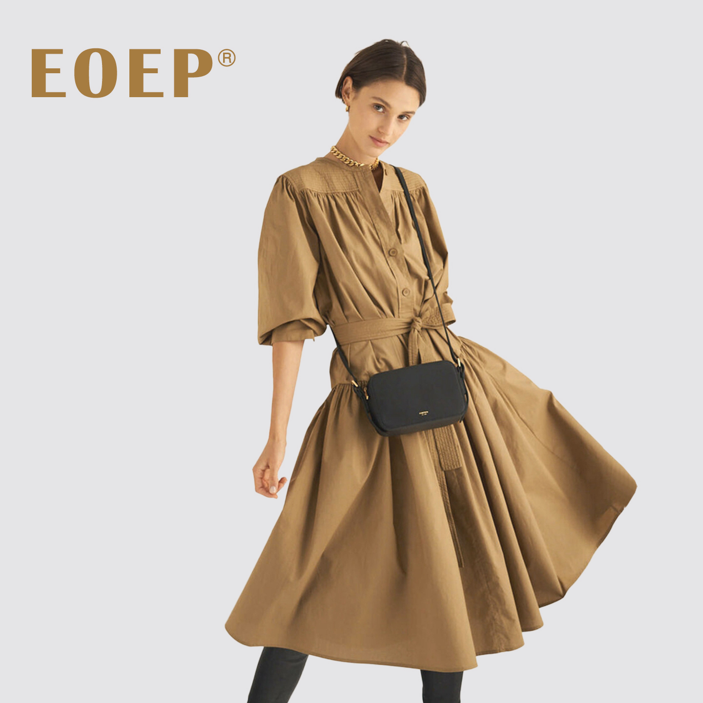 澳洲小众设计!衬衫连衣裙圆领长袖中长款a字裙大摆系腰带纯色棉秋