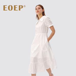 小众设计师款！大翻领连衣裙夏收腰a字长裙 泡泡袖纯棉白色极简风