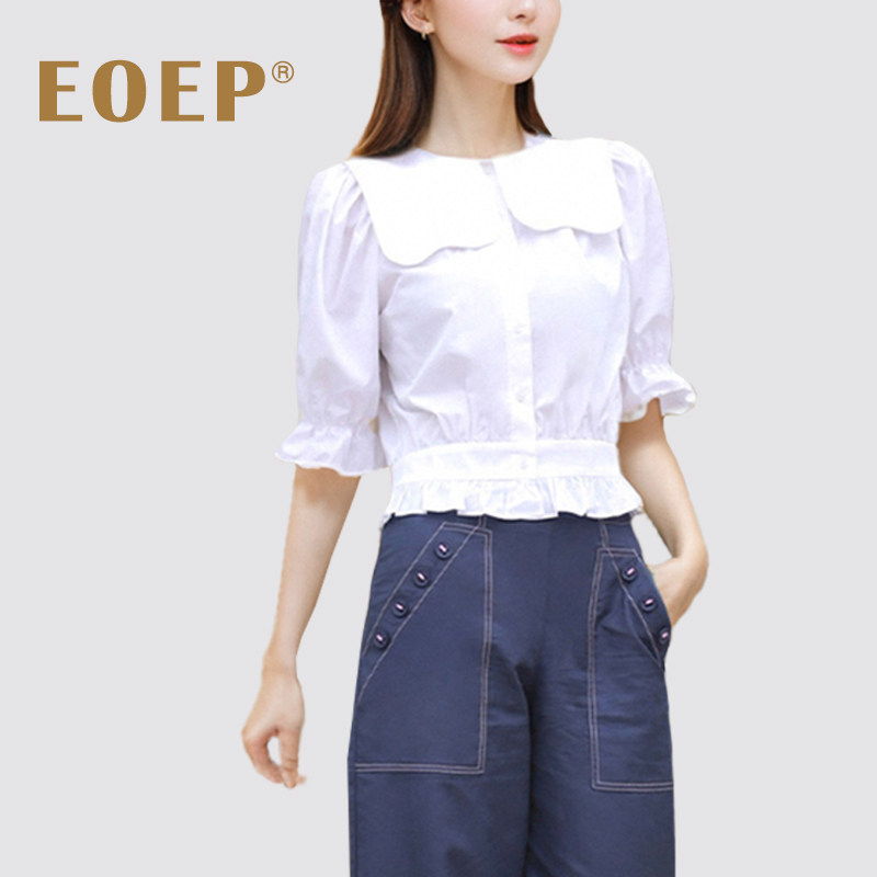 小众设计师款！大翻领白衬衫女夏中袖荷叶边短款泡泡袖上衣娃娃领