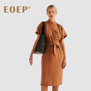 小众设计师款！飘带衬衫连衣裙夏中长款宽松直筒系腰带 简约通勤