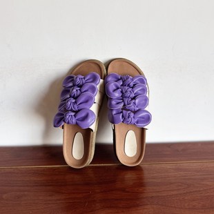 【烁掌柜】自制款小众设计手工真皮女鞋头层牛皮蝴蝶结一字拖凉拖