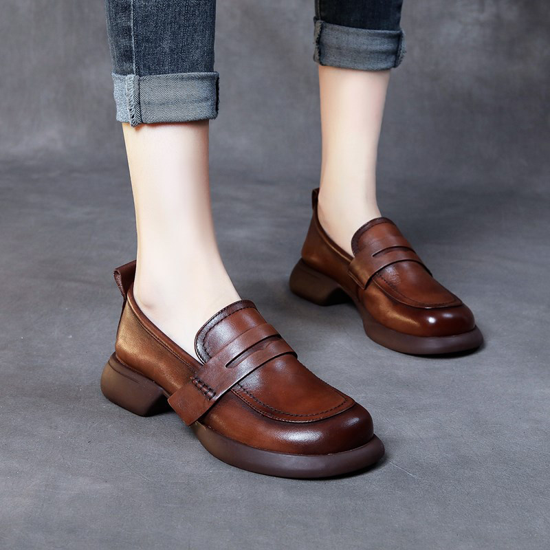 秋季新品英伦复古舒适真皮女鞋头层牛皮中粗跟通勤百搭圆头乐福鞋