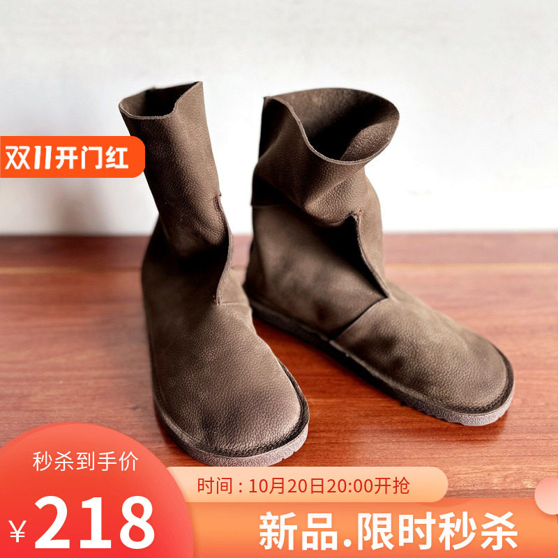 头层牛皮低跟圆头舒适中筒靴