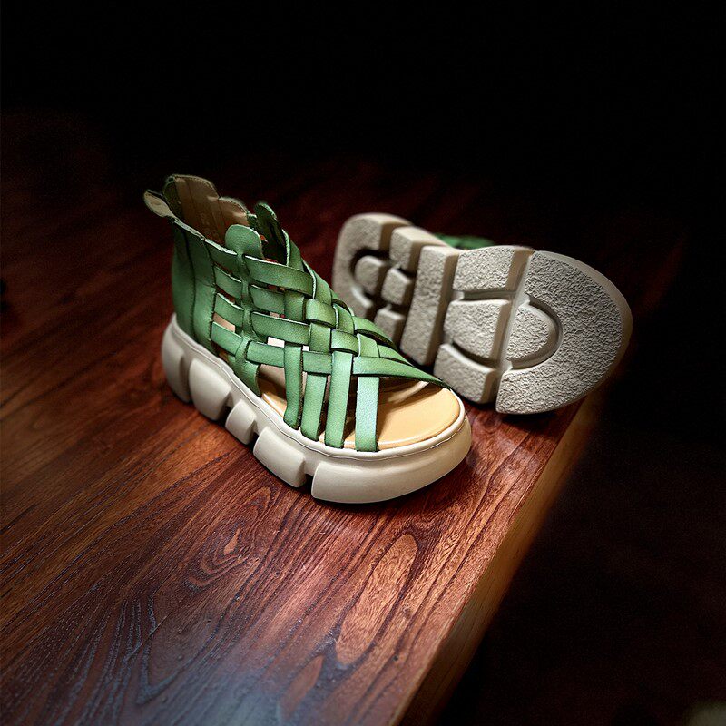 【烁掌柜】复古文艺范手工真皮森女鞋头层牛皮编制高坡跟罗马凉鞋