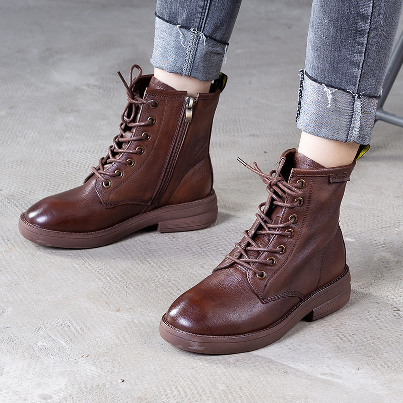 爍掌櫃英倫複古風手工擦色真皮女靴頭層牛皮中跟系帶帥氣馬丁短靴在類目 女鞋, 靴子, 馬丁靴中 - 來自Buy2taobao.com提供專業的淘寶代購服務