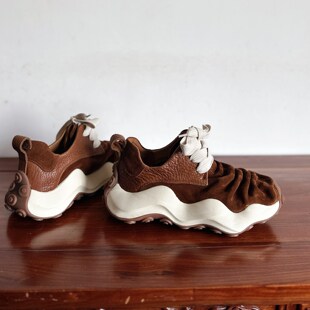 【烁掌柜】复古轻奢手工真皮女鞋头层牛皮个性褶皱系带休闲老爹鞋