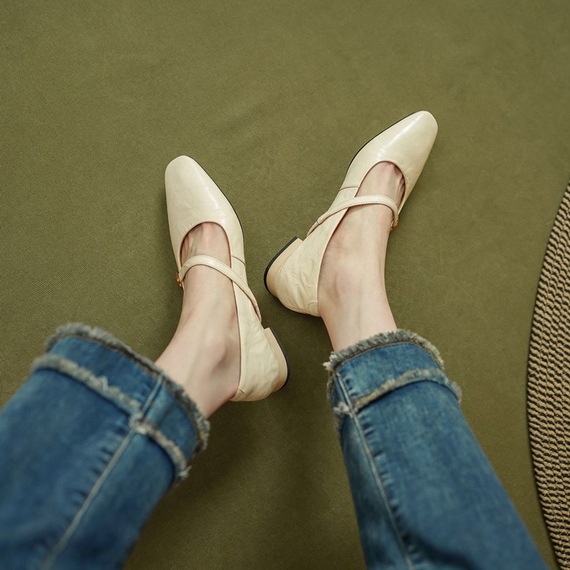 头层羊皮低跟浅口玛丽珍鞋子