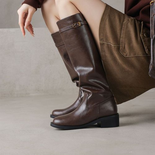 欧美时尚百搭真皮大筒围女靴