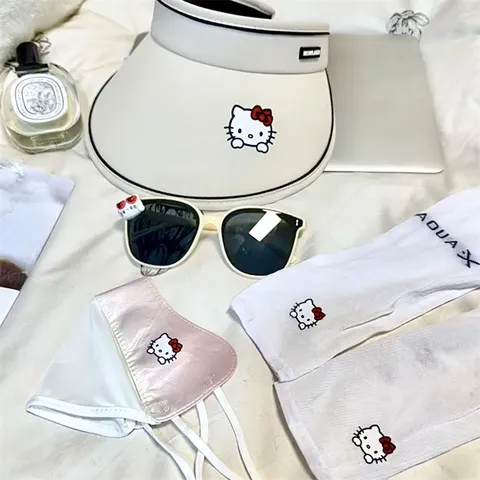 夏季kt猫HelloKitty帽子遮阳防晒可爱四件套眼镜骑车冰袖口罩