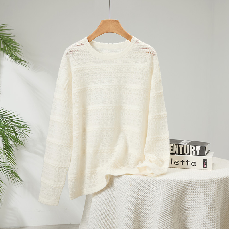 鱼骨纹镂空圆领100%纯羊绒衫套头针织打底衫休闲宽松毛衣