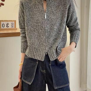 法式宽松短款花纱立领羊绒针织开衫女秋冬加厚小个子羊毛拉链外套