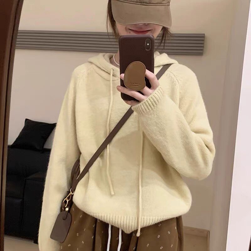 2025新款秋冬针织羊毛衫女连帽套头长袖宽松常规款打底毛衣慵懒风