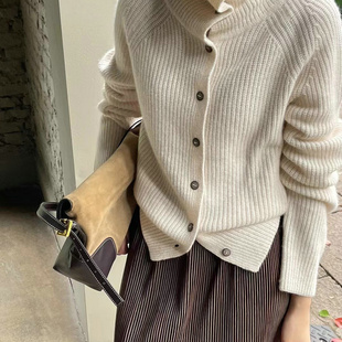 简约高领加厚100纯羊毛开衫女秋冬宽松短款长袖羊毛针织毛衣外套