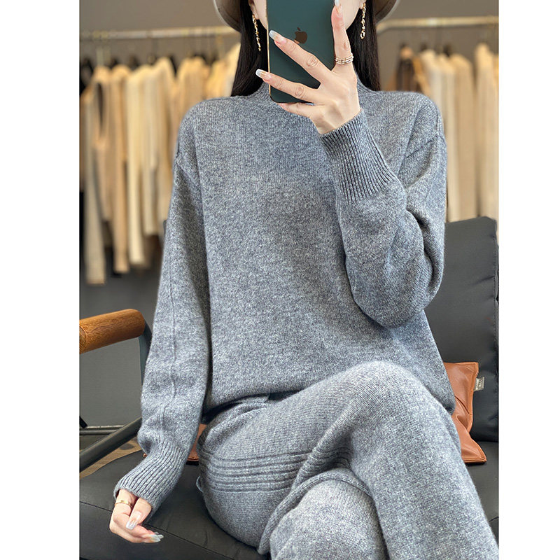 秋冬款时尚针织羊绒套装女半高领宽松100%纯羊毛两件套毛衣阔腿裤