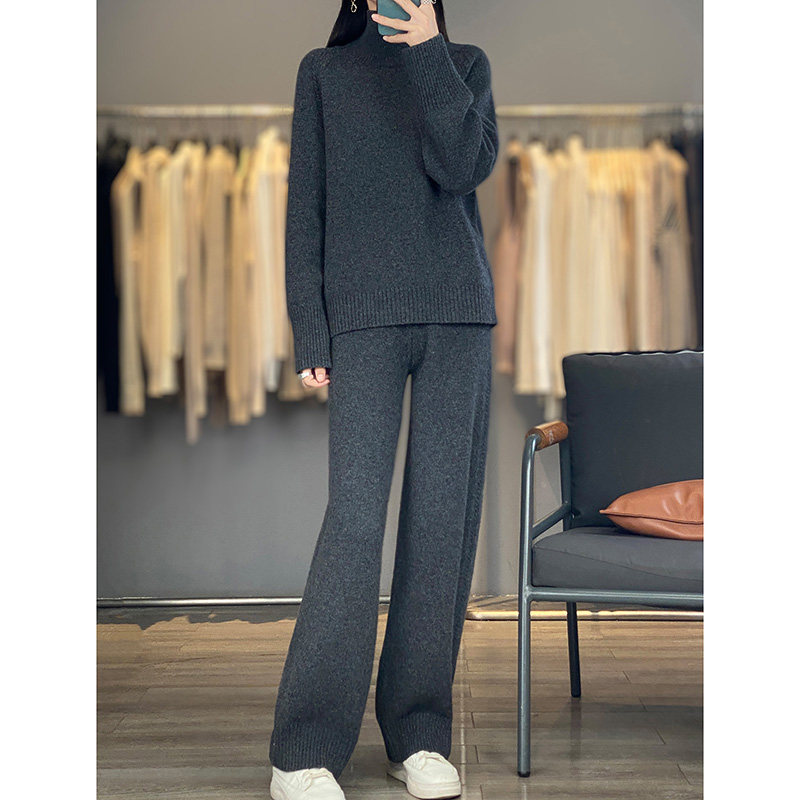 秋冬100%纯羊毛套装女半高领宽松时尚毛衣两件套针织羊绒阔腿裤厚