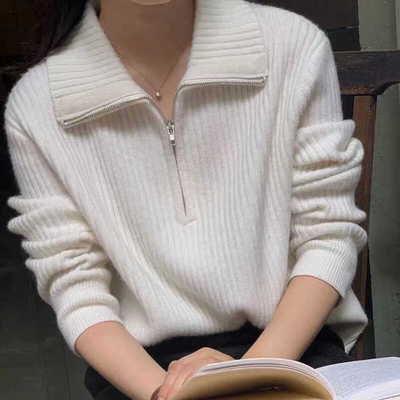 半拉链翻领100%纯羊毛针织衫女士上衣秋冬慵懒风羊绒宽松打底毛衣