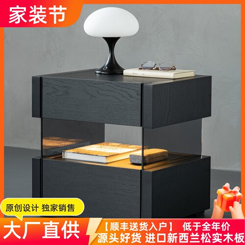 意式极简悬浮式灰玻钢化玻璃床头柜带灯一体轻奢高级感储物床边柜
